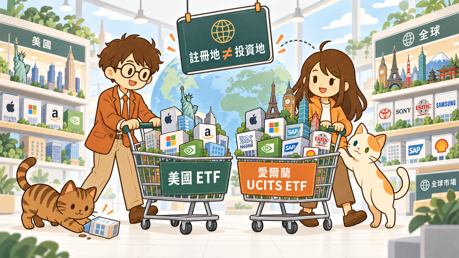 四位角色用購物籃比喻美國 ETF 與愛爾蘭 UCITS ETF,說明註冊地不等於投資地